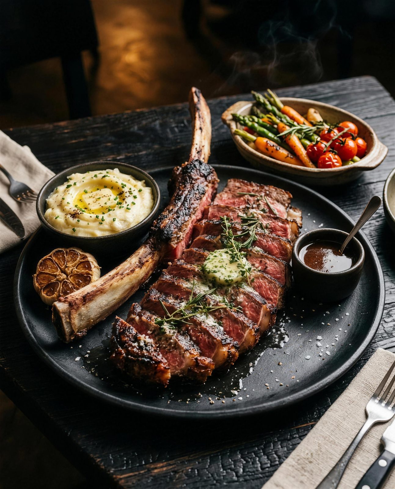 Fire-finished tomahawk steak sliced and carved for the table
