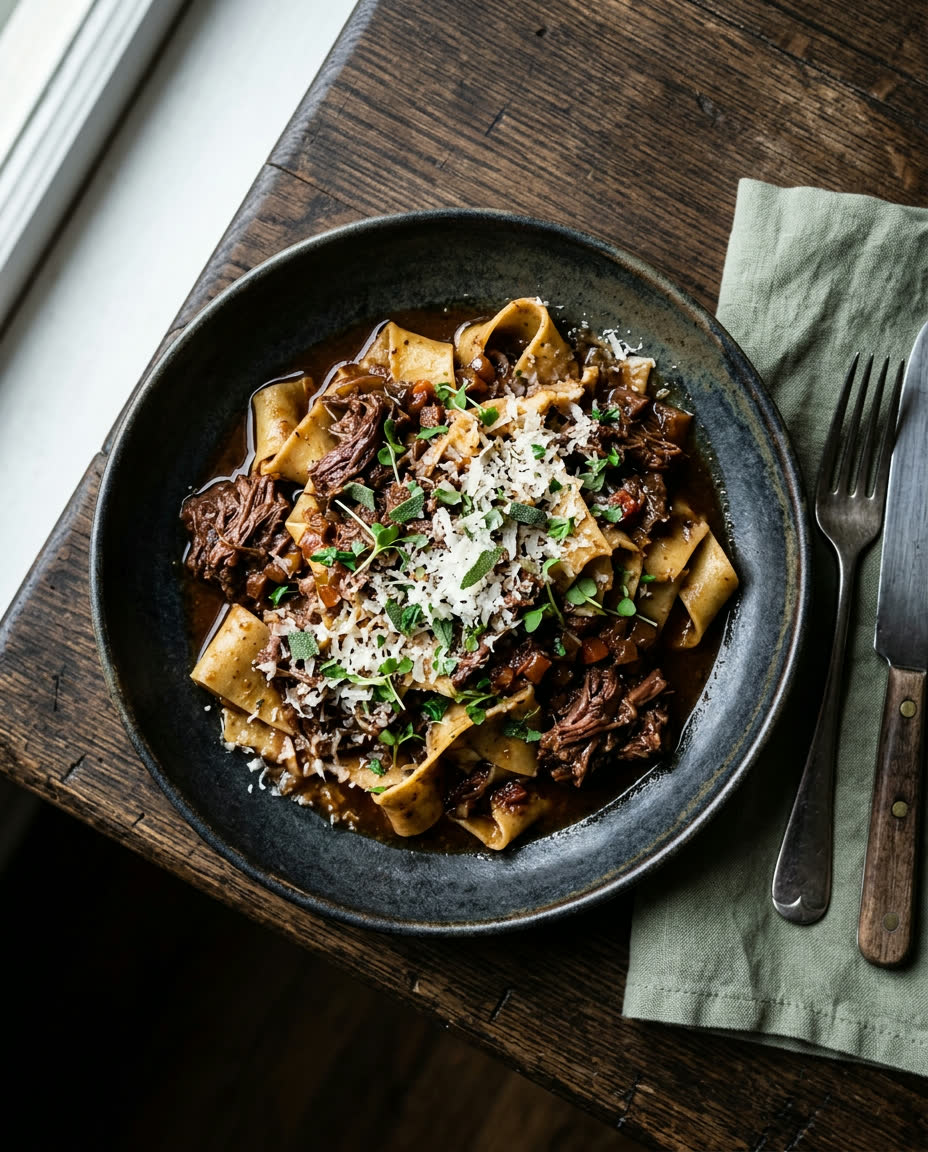 Pappardelle with slow-braised beef ragu in a dark bowl