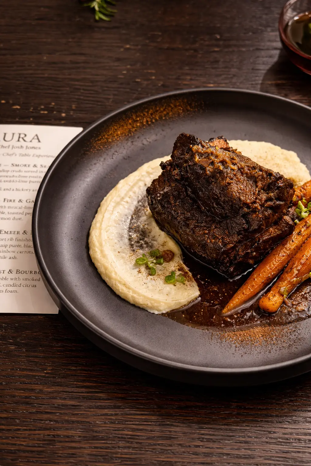 Red wine braised short rib with whipped potatoes and crispy shallots
