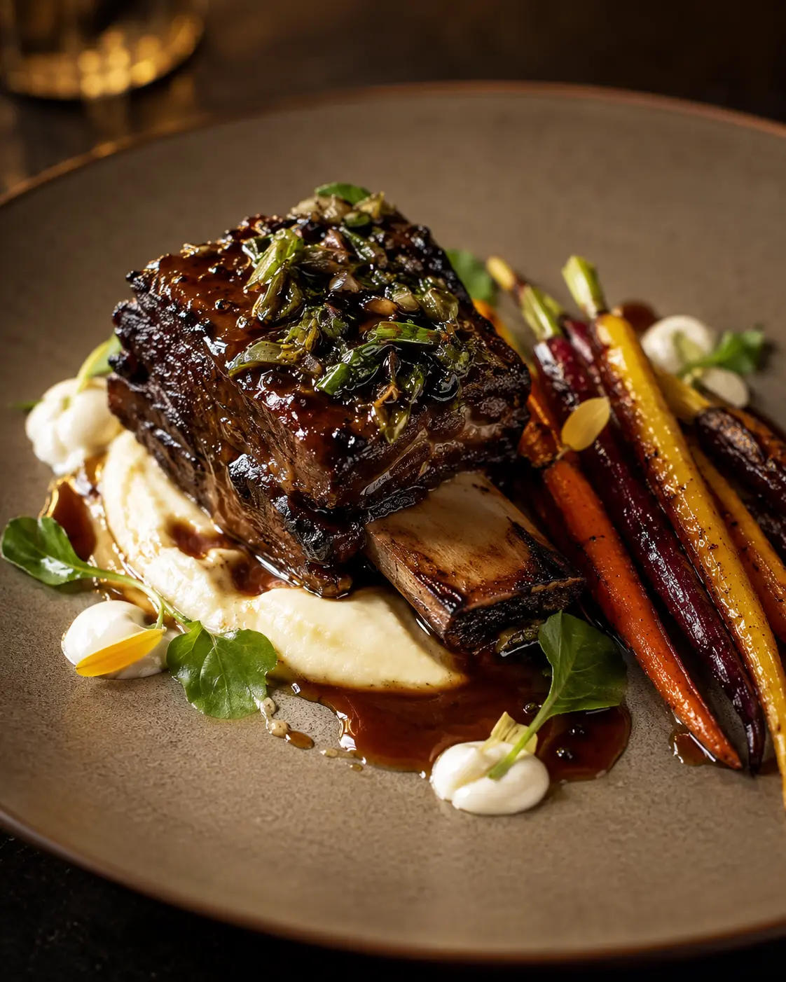 Slow-braised short rib with root vegetable purée and glazed carrots