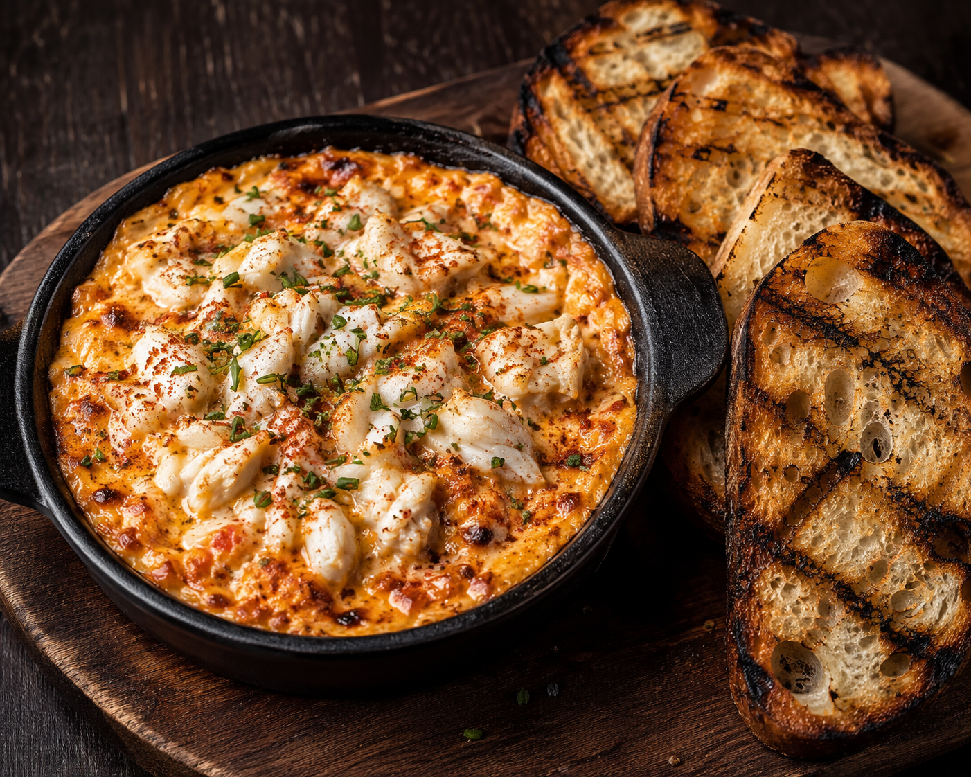 Bubbling crab dip in a cast iron pan with grilled bread, from the After Hours menu