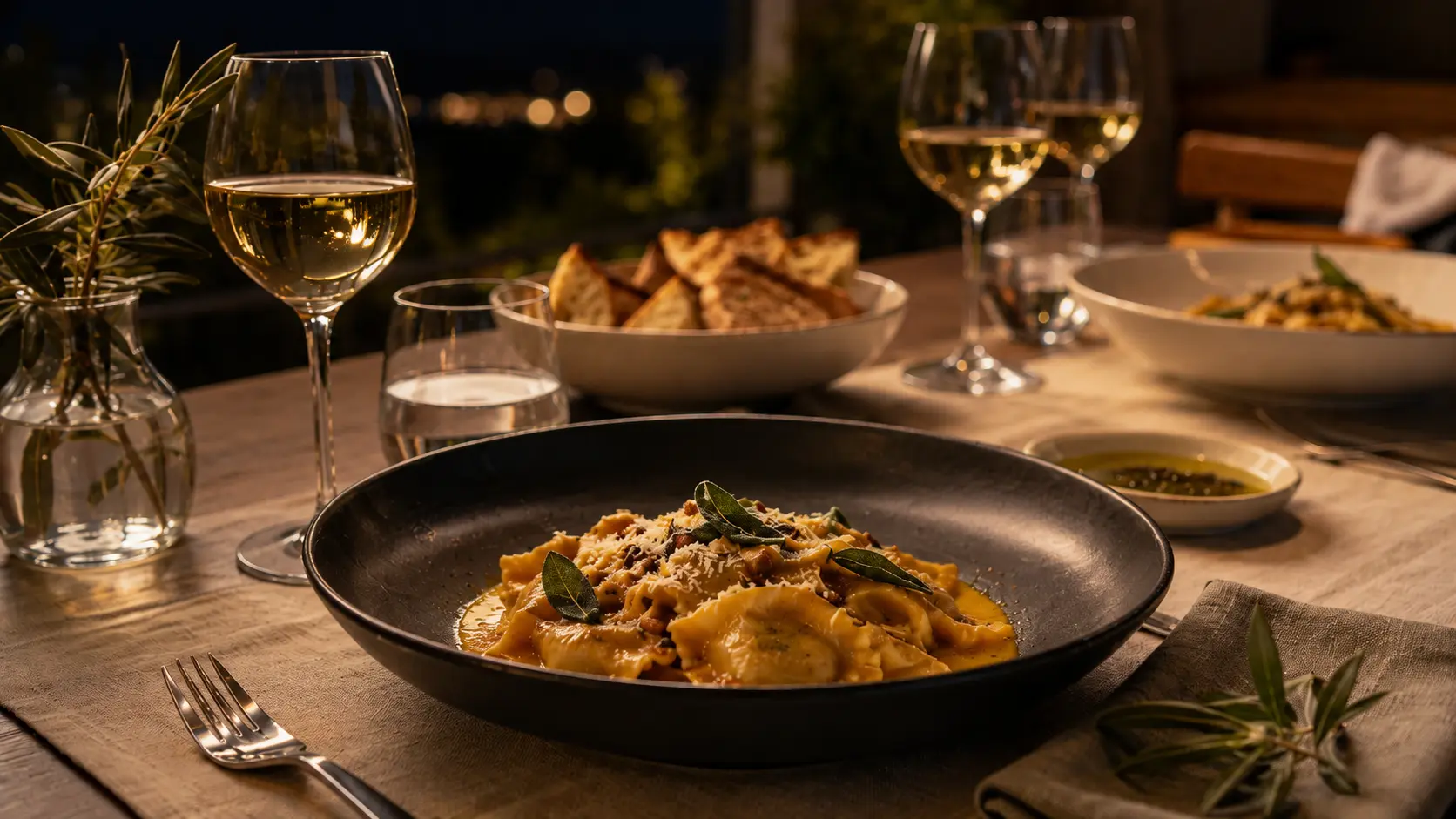 Squash ravioli in brown butter with crispy sage and grated cheese