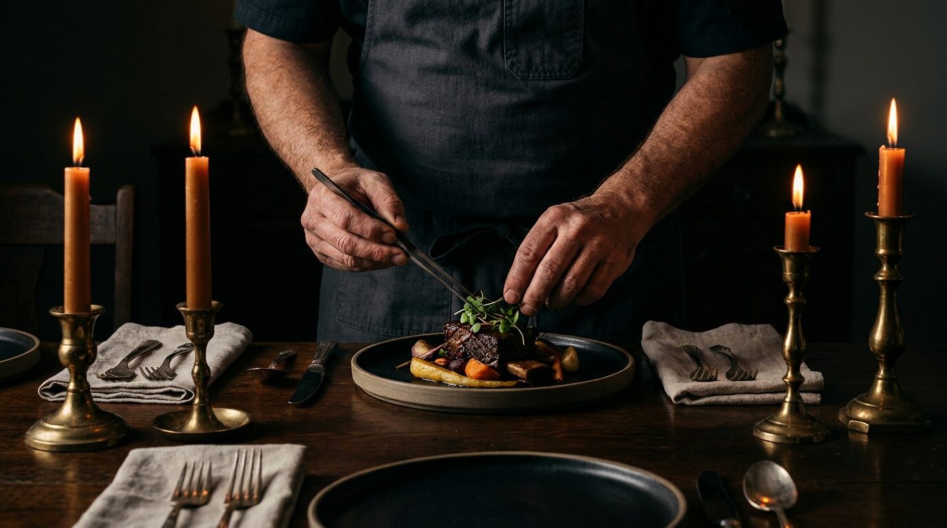 Chef Joshua Jones plating a course in a candlelit Nashville dining room